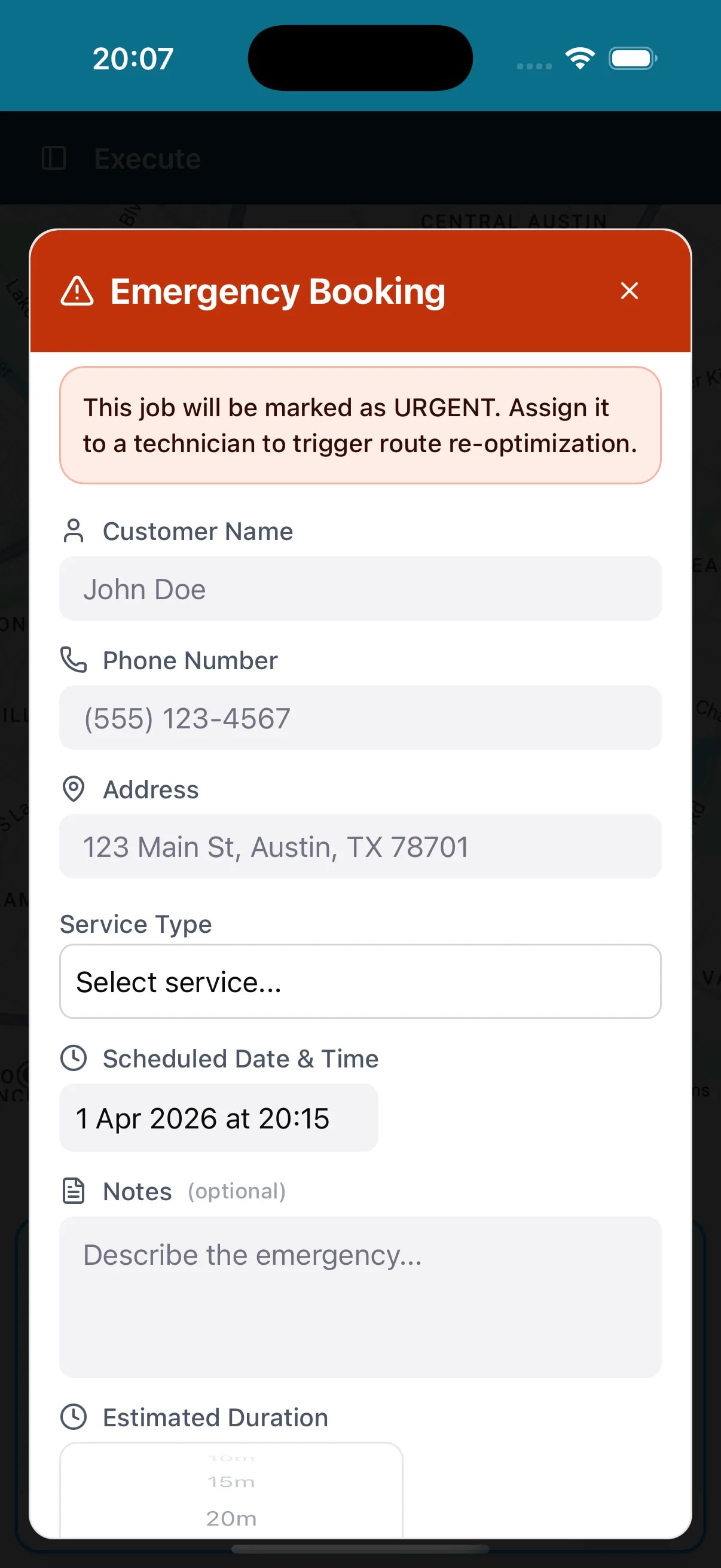 Emergency booking form for urgent field service jobs